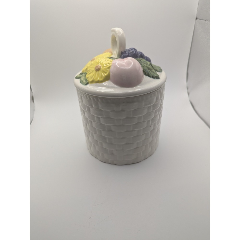 White Ceramic Basket Weave Canister with Fruit and Flower Lid‎ Kitchen Storage